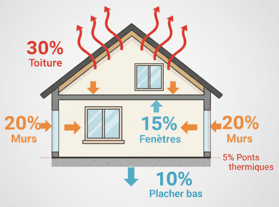 Schéma des déperditions thermiques d'une maison - 30% Toiture, 20% Murs, 15% Fenêtres, 10% Plancher bas, 5% Ponts thermiques
