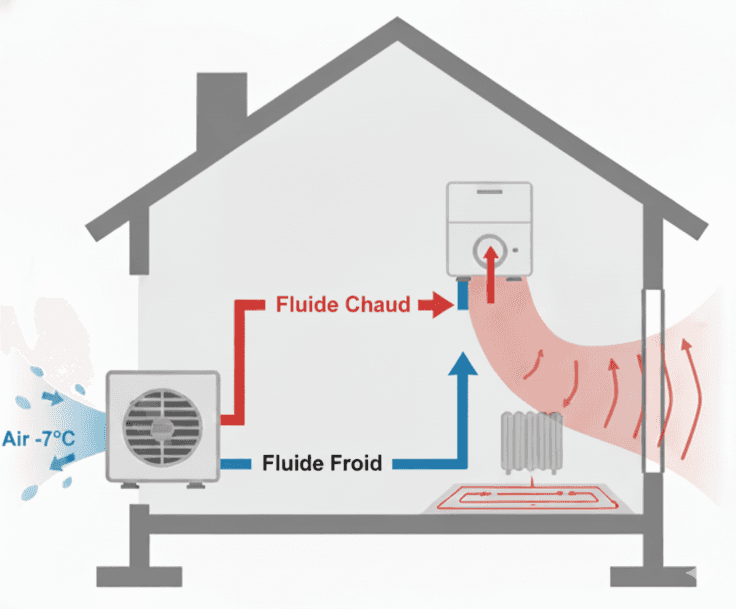 Schéma de fonctionnement d'une pompe à chaleur - Captation, Compression et Diffusion de la chaleur