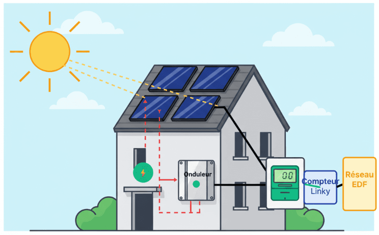Schéma d'une installation solaire photovoltaïque - Production, Conversion, Consommation et Revente surplus